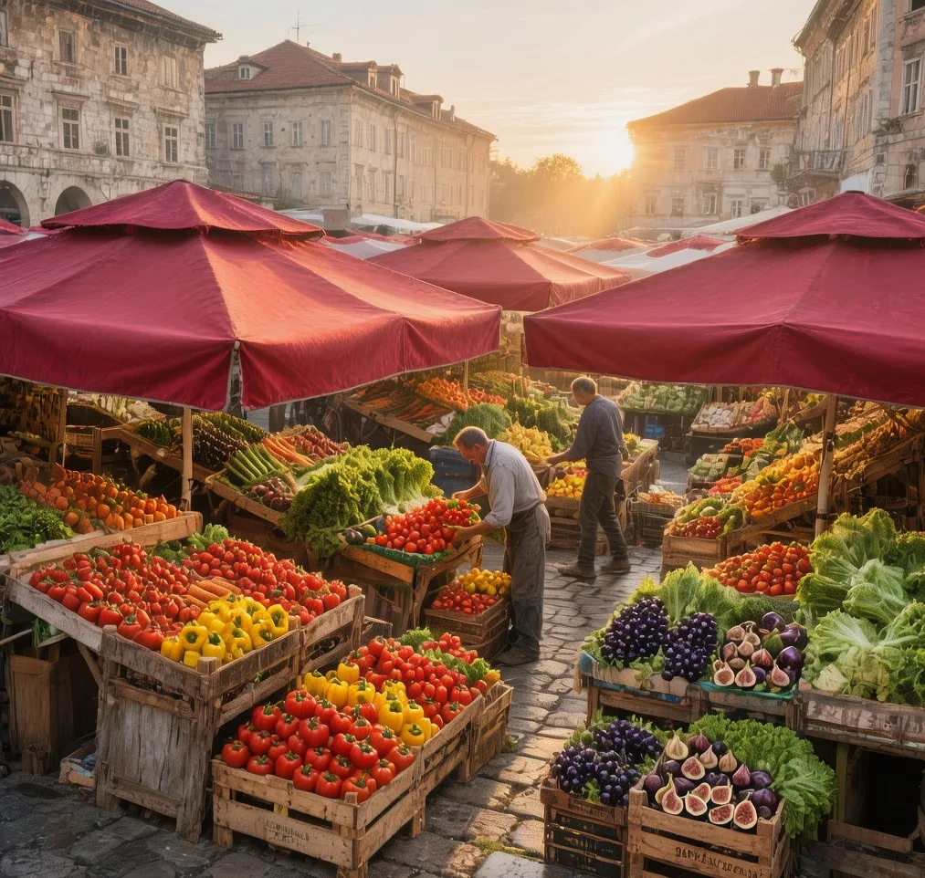 Dolac Market at dawn, Croatia: Colorful umbrellas over fresh produce stalls, soft morning light illuminating farmers arranging fruits and vegetables in Zagreb's central market