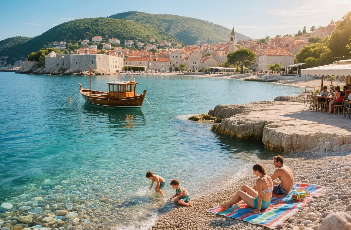 Cavtat beaches at golden hour, Croatia: Turquoise waters lapping against pebble shores, soft evening light illuminating historic stone buildings with pine trees framing the cove