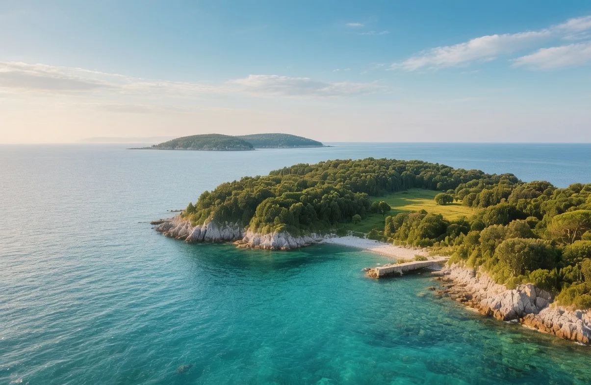 Brijuni Islands at golden hour, Croatia: Lush green forests meeting turquoise Adriatic waters, soft evening light illuminating ancient Roman ruins with safari animals in distance on Veliki Brijun