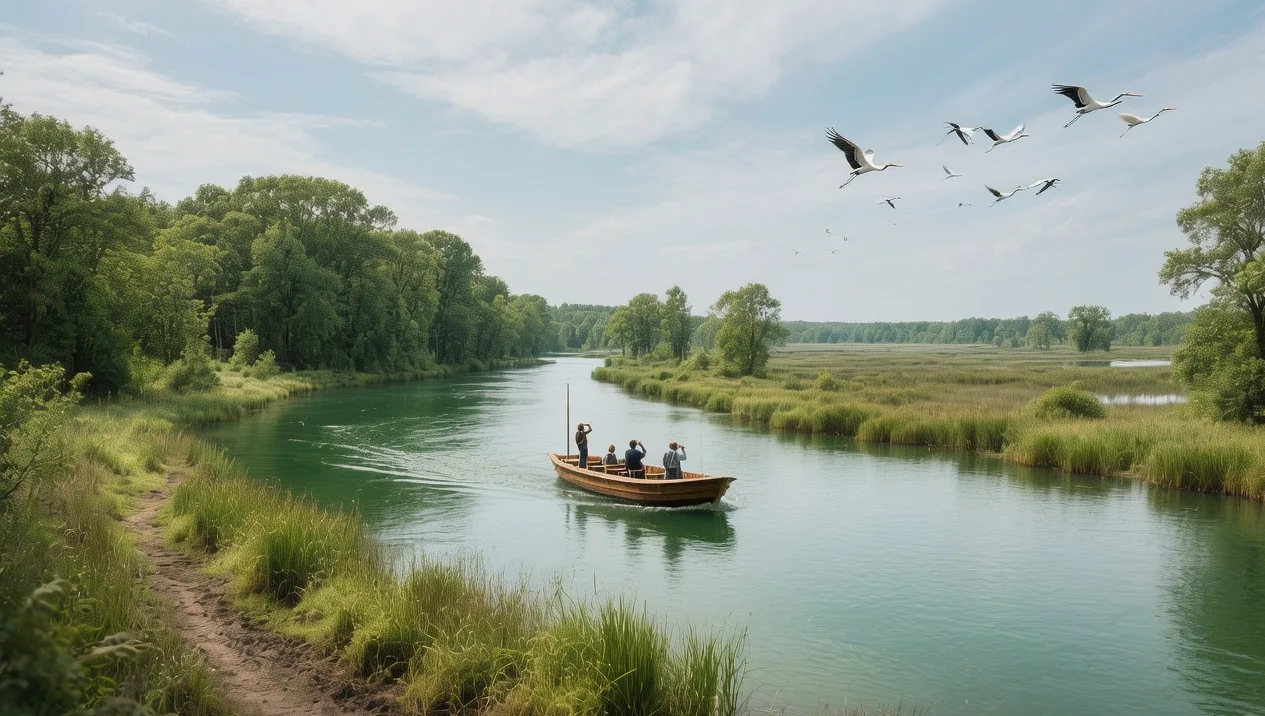 Lonjsko Polje Nature Park at dawn with white storks nesting on traditional wooden chimneys, misty Sava River floodplain, and golden reed beds in central Croatia