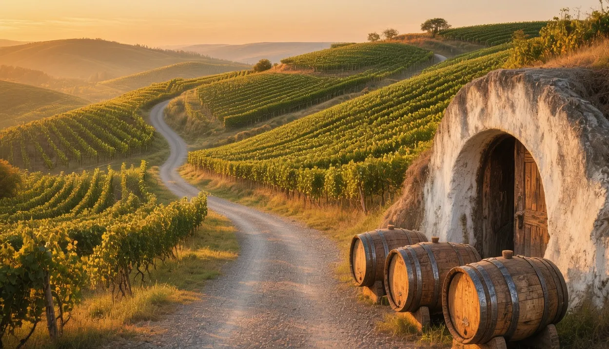 Slavonia wine roads at golden hour with rolling Graševina vineyards, traditional cellars, oak barrels, and sun-dappled hills in eastern Croatia