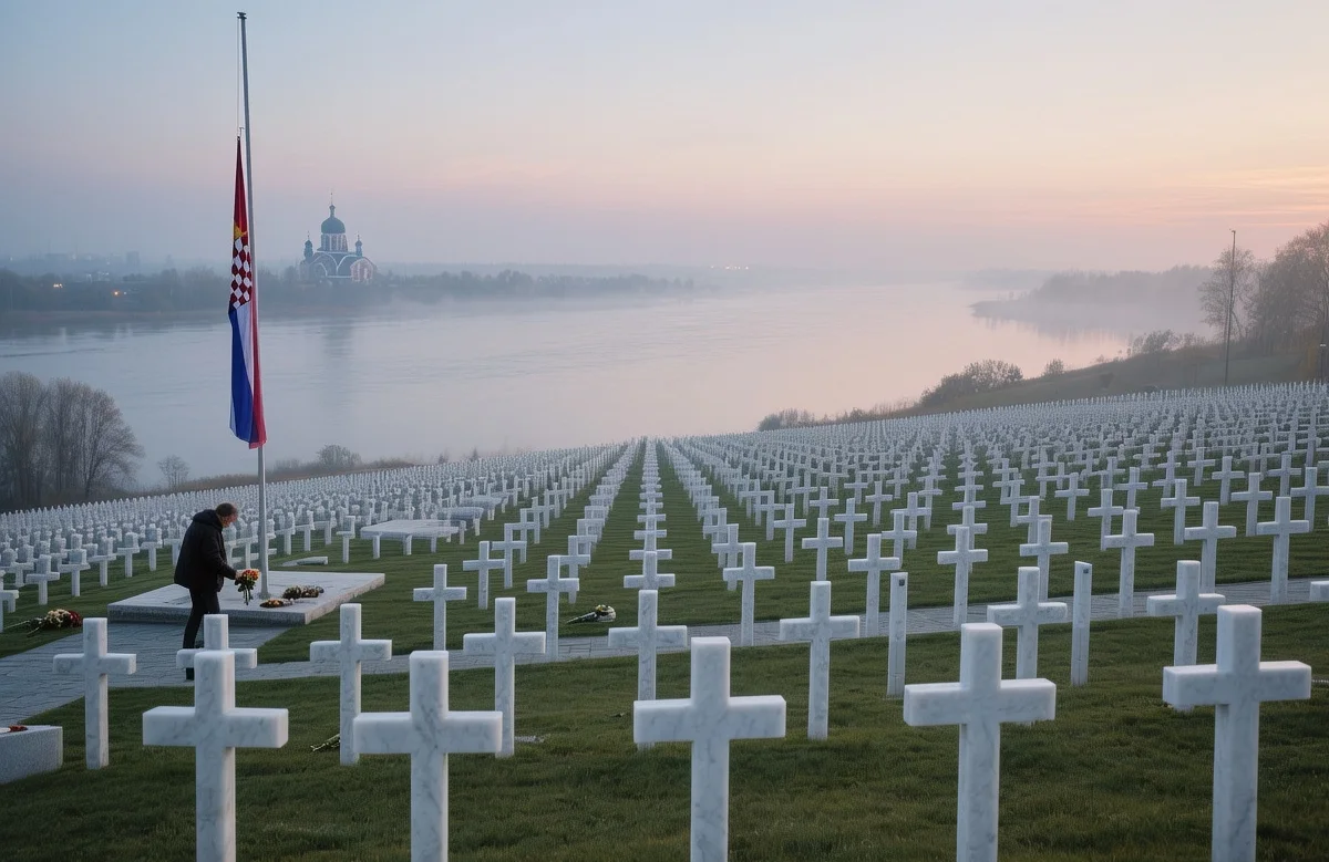 Vukovar Memorial Cemetery at dawn with white marble crosses, Danube River mist, eternal flame, and visitors paying respects in eastern Croatia