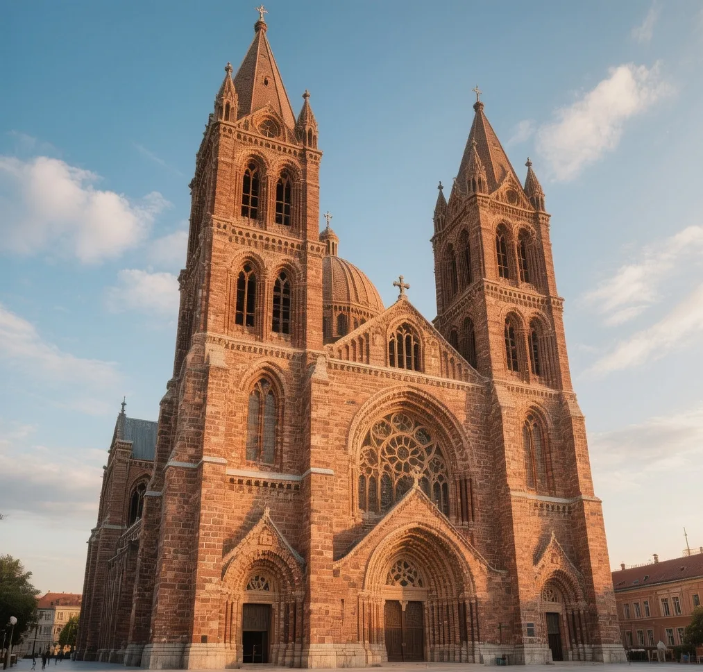 Đakovo Cathedral at golden hour with Neo-Romanesque twin towers, red brick facade, rose garden, and visitors in eastern Croatian Slavonia