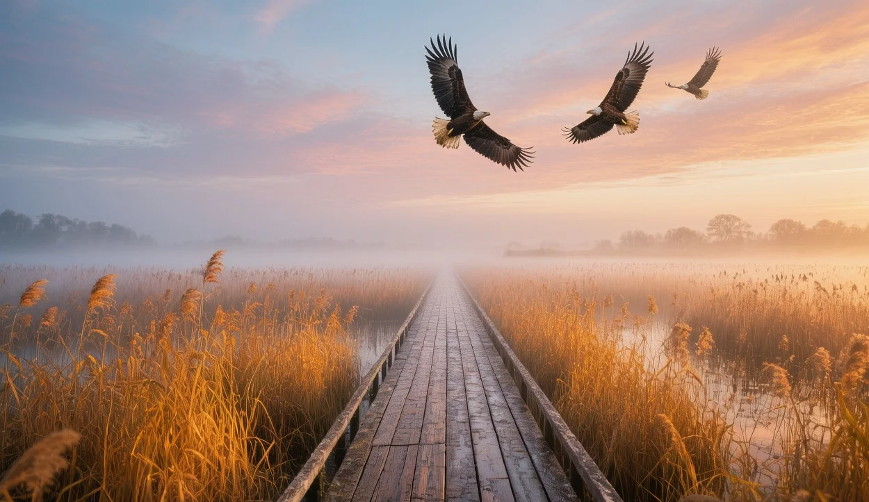 Kopački Rit wetlands at dawn with misty marshes, reed beds, white-tailed eagles soaring, and wooden boardwalk through golden reeds in eastern Croatia