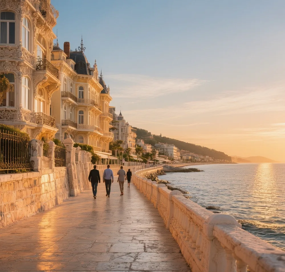 Opatija Lungomare coastal promenade at golden hour with Belle Époque villas, Adriatic Sea views, and pedestrians strolling along limestone pathway in Croatia