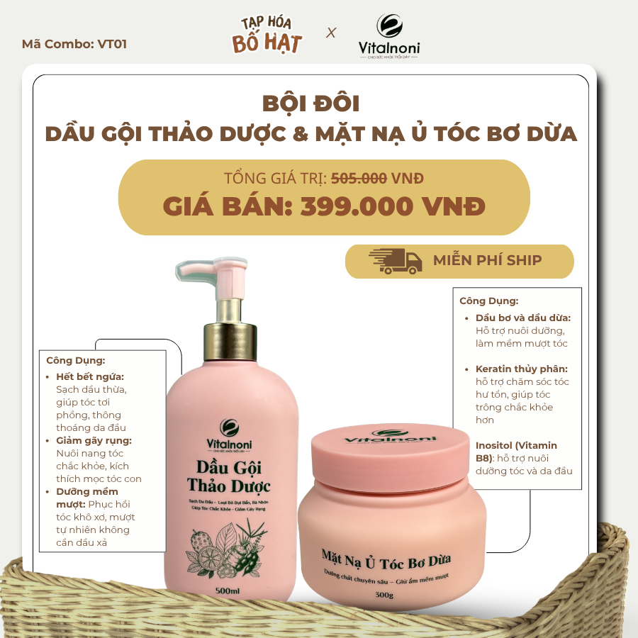 Combo dầu gội thảo dược + mặt nạ ủ tóc bơ dừa