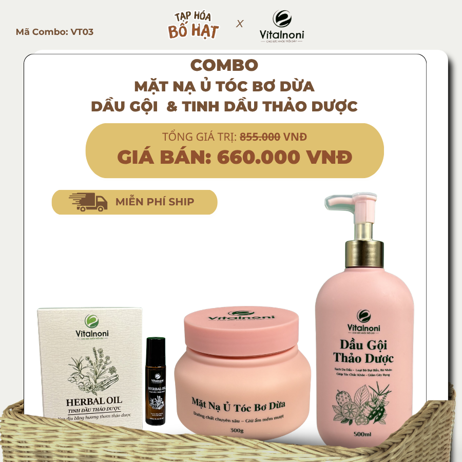 Combo dầu gội thảo dược + mặt nạ ủ tóc bơ dừa + tinh dầu thư giãn lưu thông khí huyết