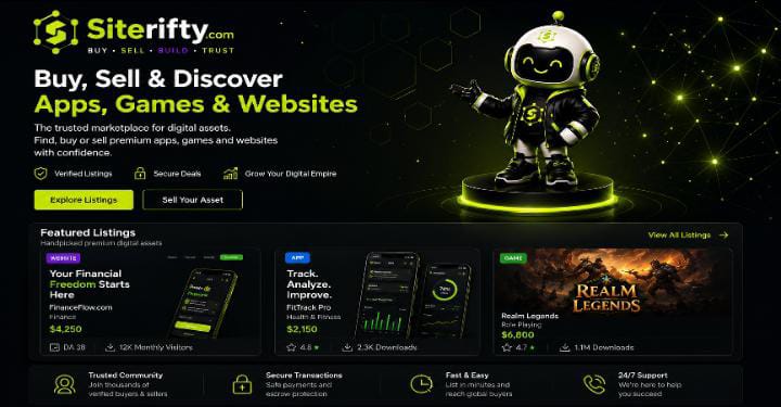 Siterifty marketplace listings page — verified websites, apps and games for sale
