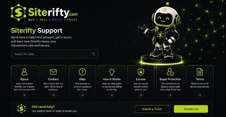 Siterifty support center — help buying and selling digital assets safely