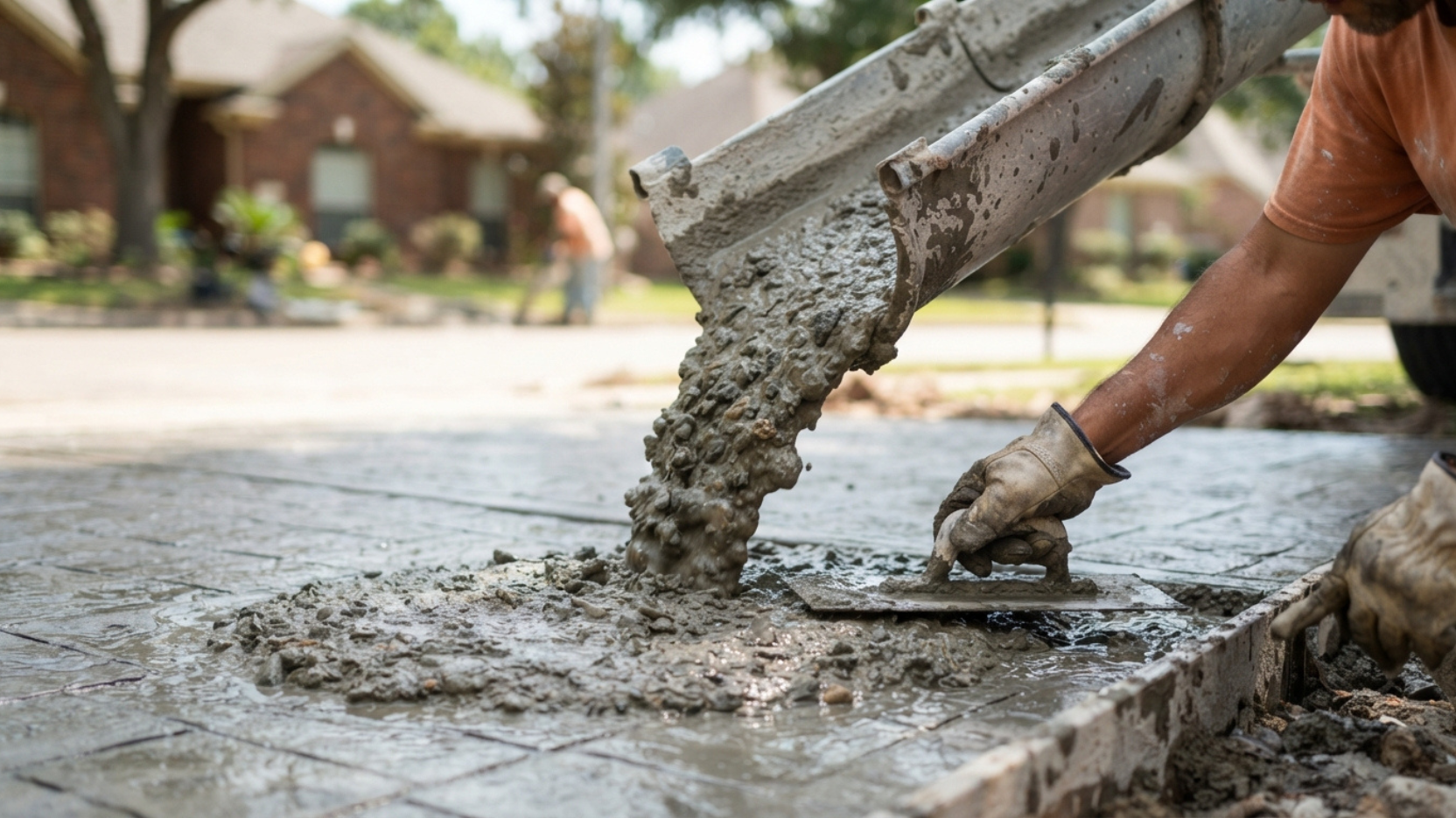 Concrete truck pour driveway San Antonio residential installation