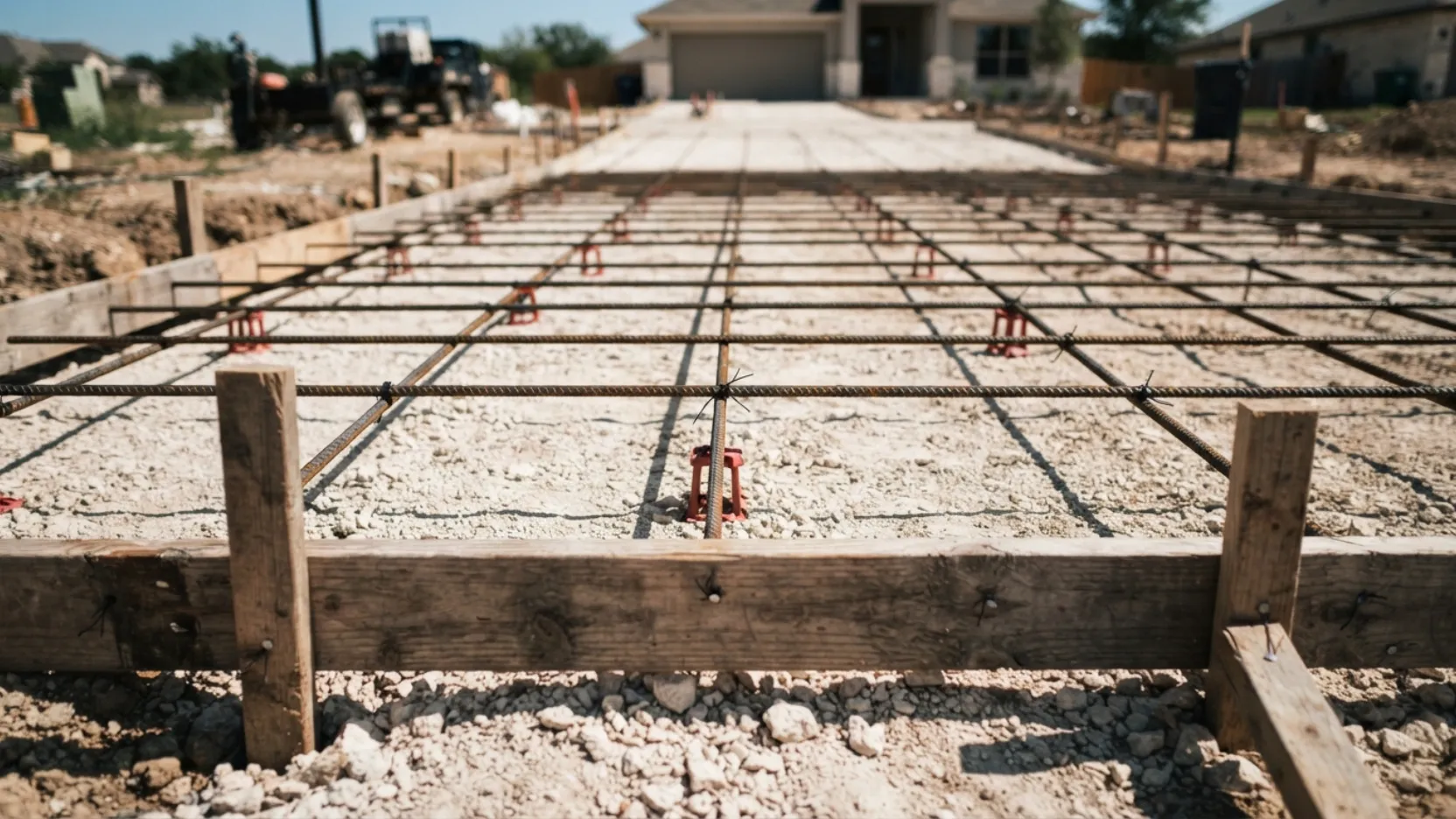 Rebar reinforcement placement concrete driveway form setting San Antonio