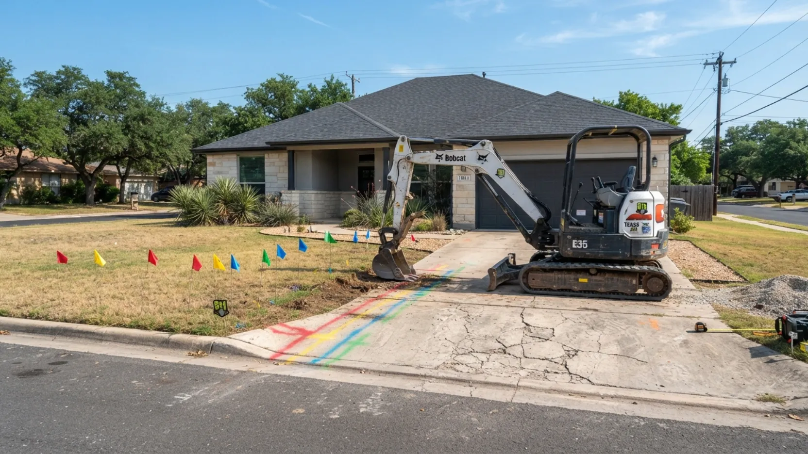 Texas 811 utility locate flags concrete driveway excavation San Antonio