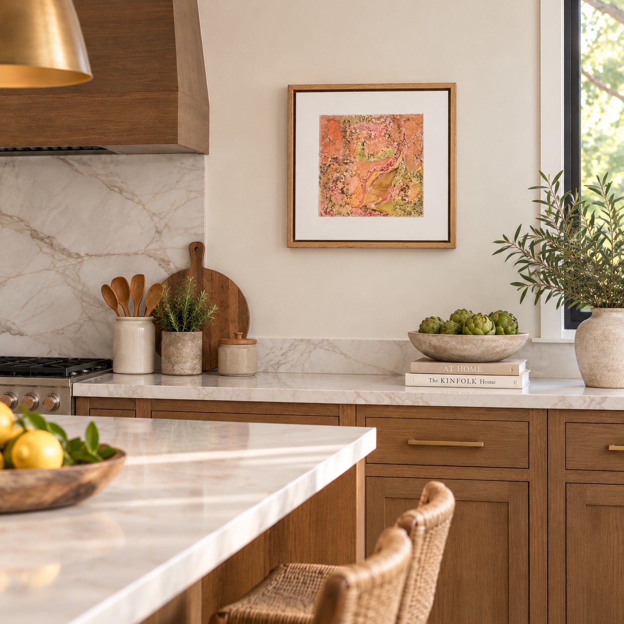 Caron Ory textured artwork displayed in a warm modern kitchen