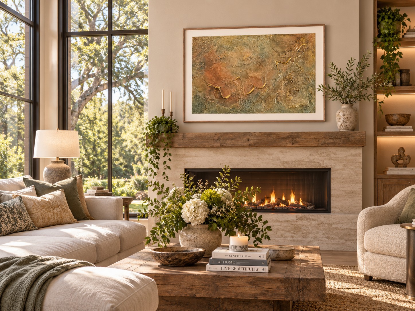 A Beautiful Life is Calling by Caron Ory displayed in a warm, neutral living room