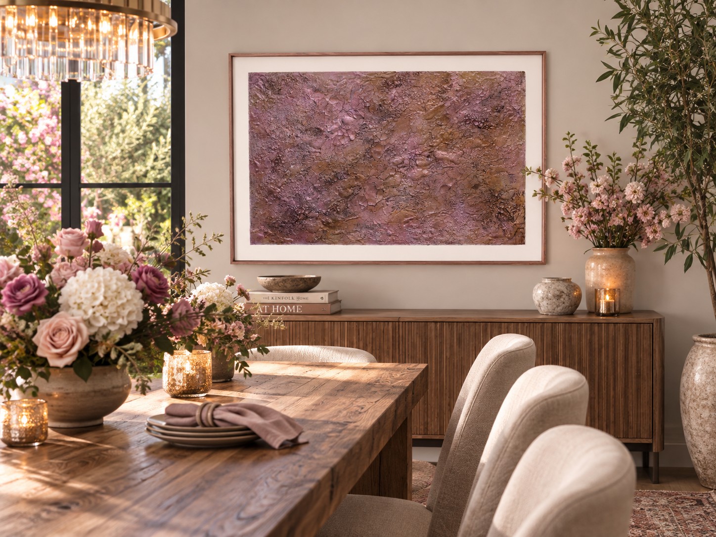 Terra Luna's Tapestry by Caron Ory displayed in an elegant dining room