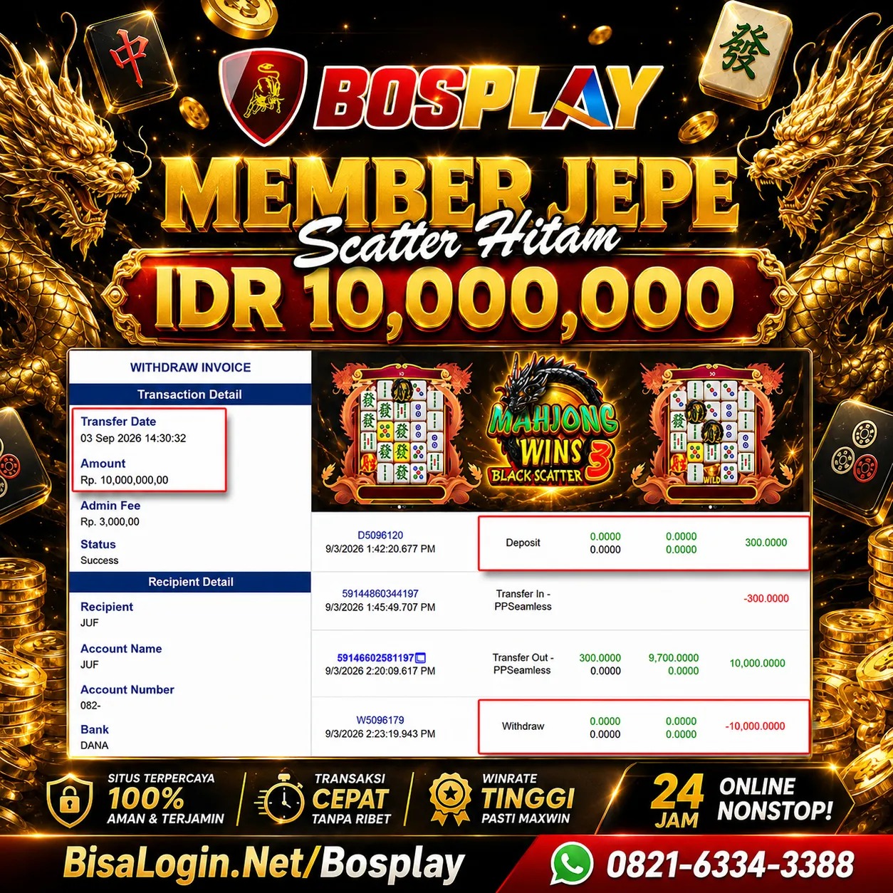 MEMBER JACKPOT PRAGMATIC PLAY (Mahjong Wins 3 – Black Scatter) IDR 10,000.000