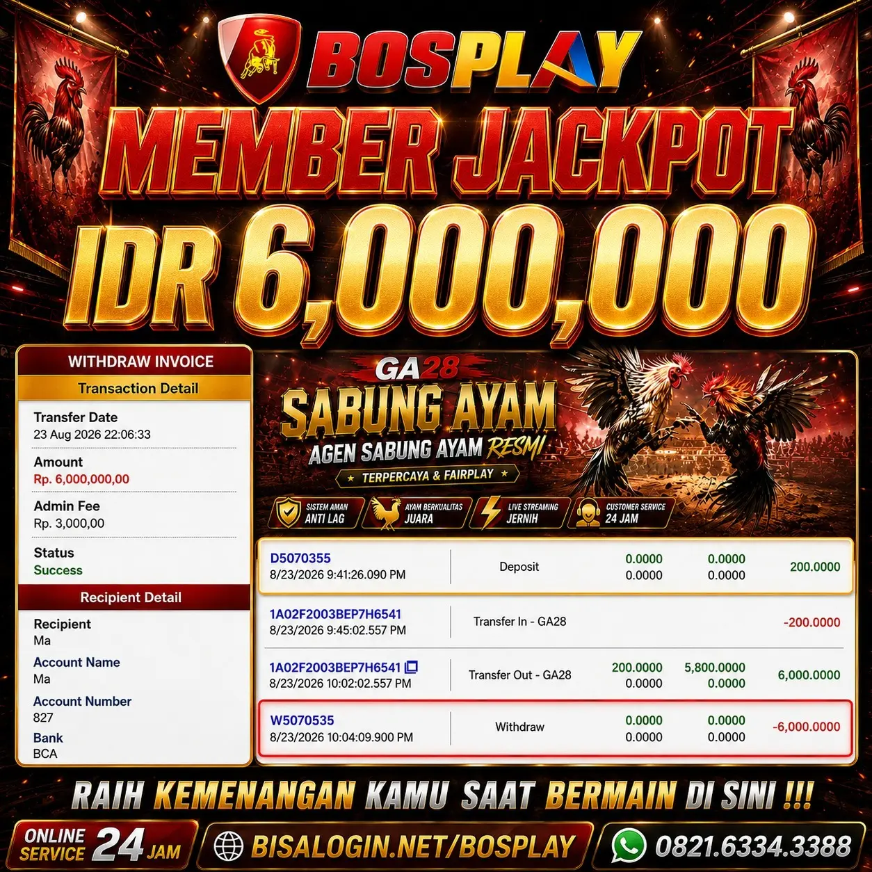 MEMBER JACKPOT Sabung Ayam (GA28) IDR 6,000.000