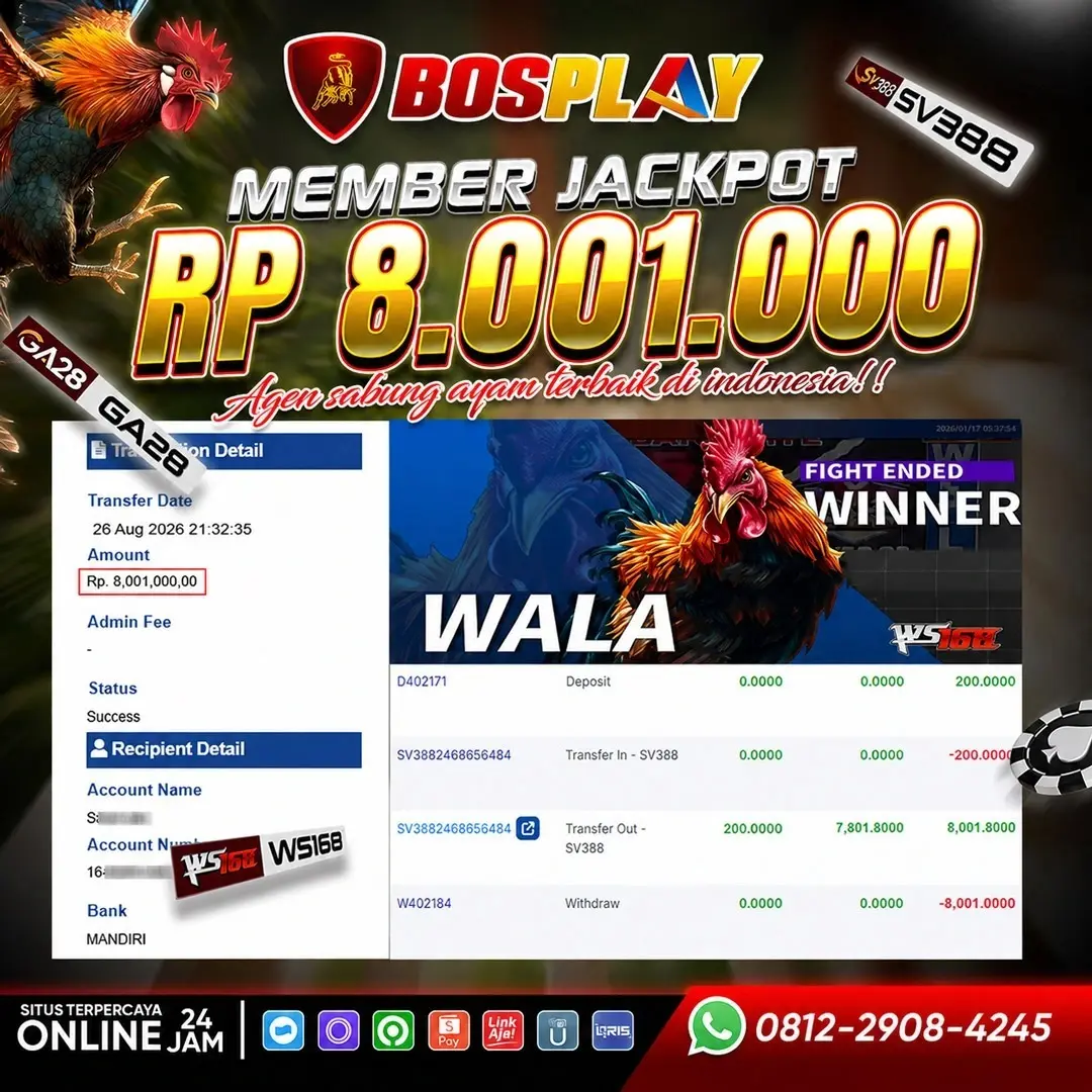 MEMBER JACKPOT IDR 8.001.000 SABUNG AYAM