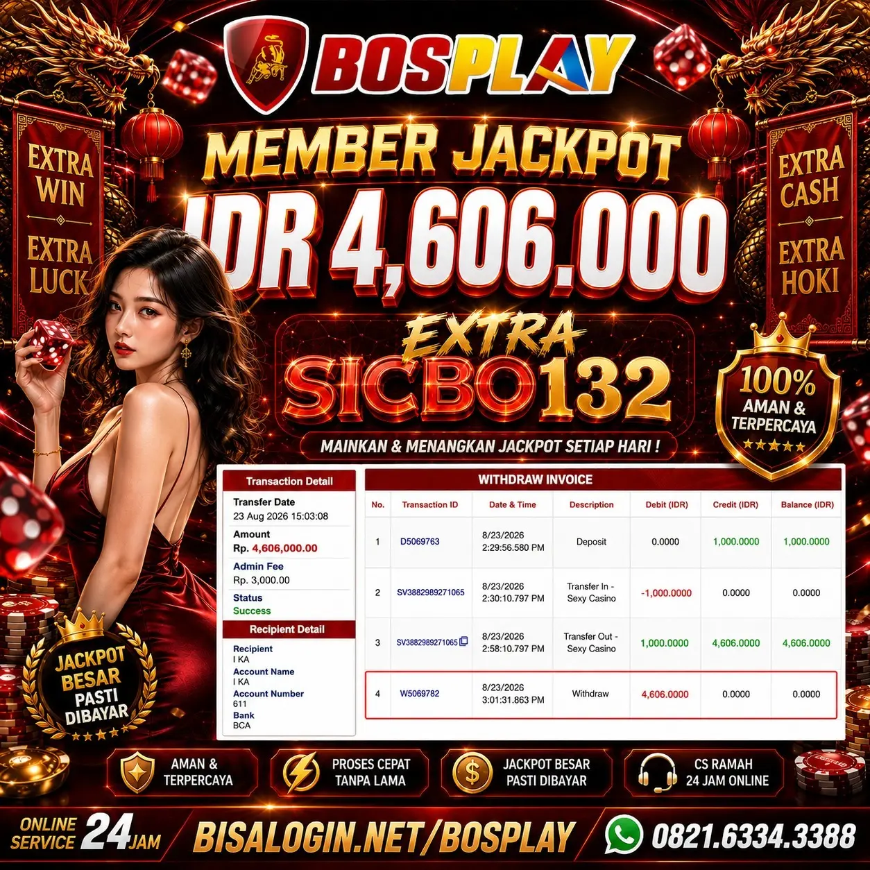 MEMBER JACKPOT Extra Sicbo123 Live Casino IDR 4.606.000