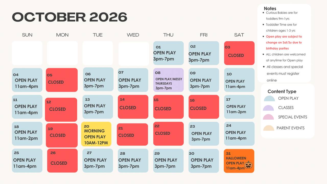 SR Sensory Gym October 2026 event calendar and schedule