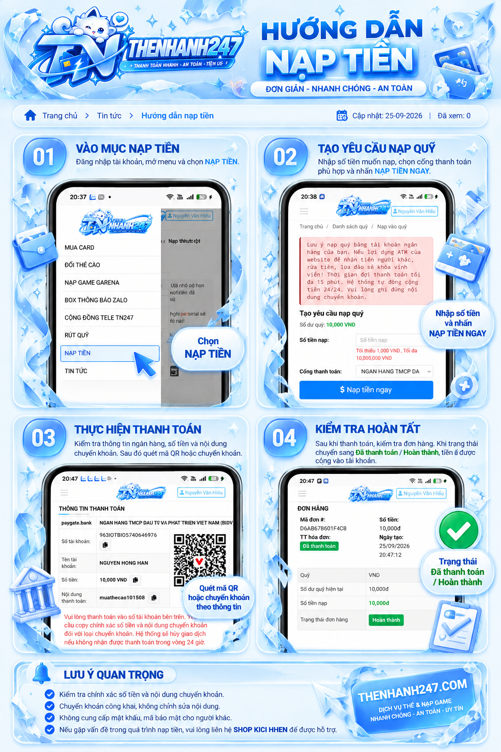Hướng dẫn nạp tiền Thenhanh247