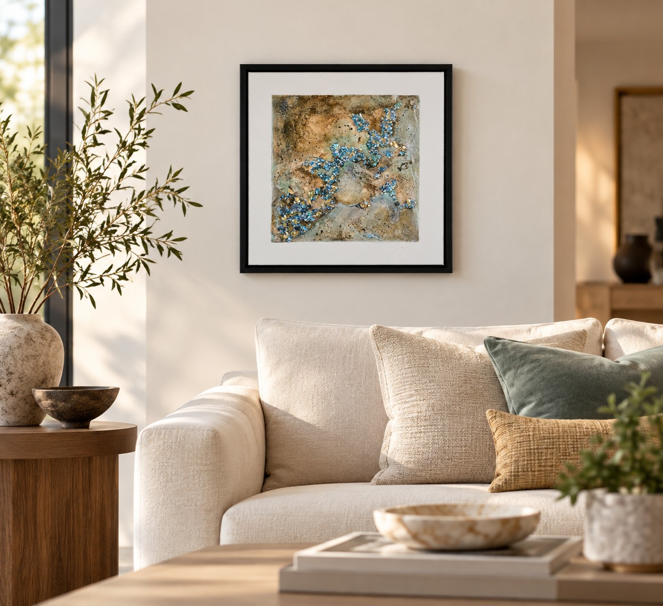 Caron Ory textured artwork displayed in a modern living room