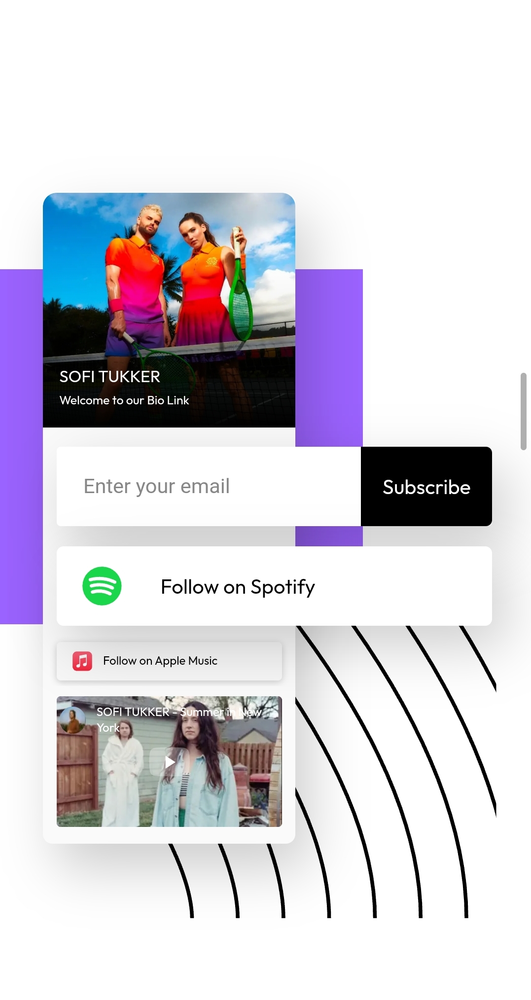 Bio link page with email signup and streaming links