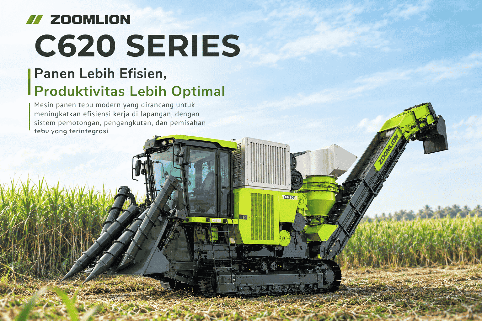 Zoomlion C620 Sugarcane Harvester, mesin pemanen tebu berwarna hijau dan hitam