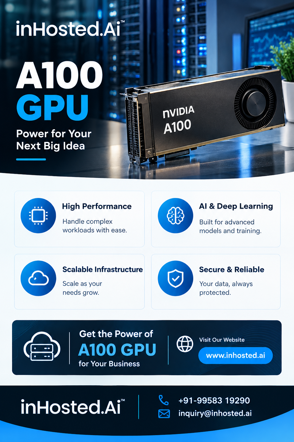 A100 GPU computing infrastructure for artificial intelligence, deep learning, scientific computing, and data-intensive applications.