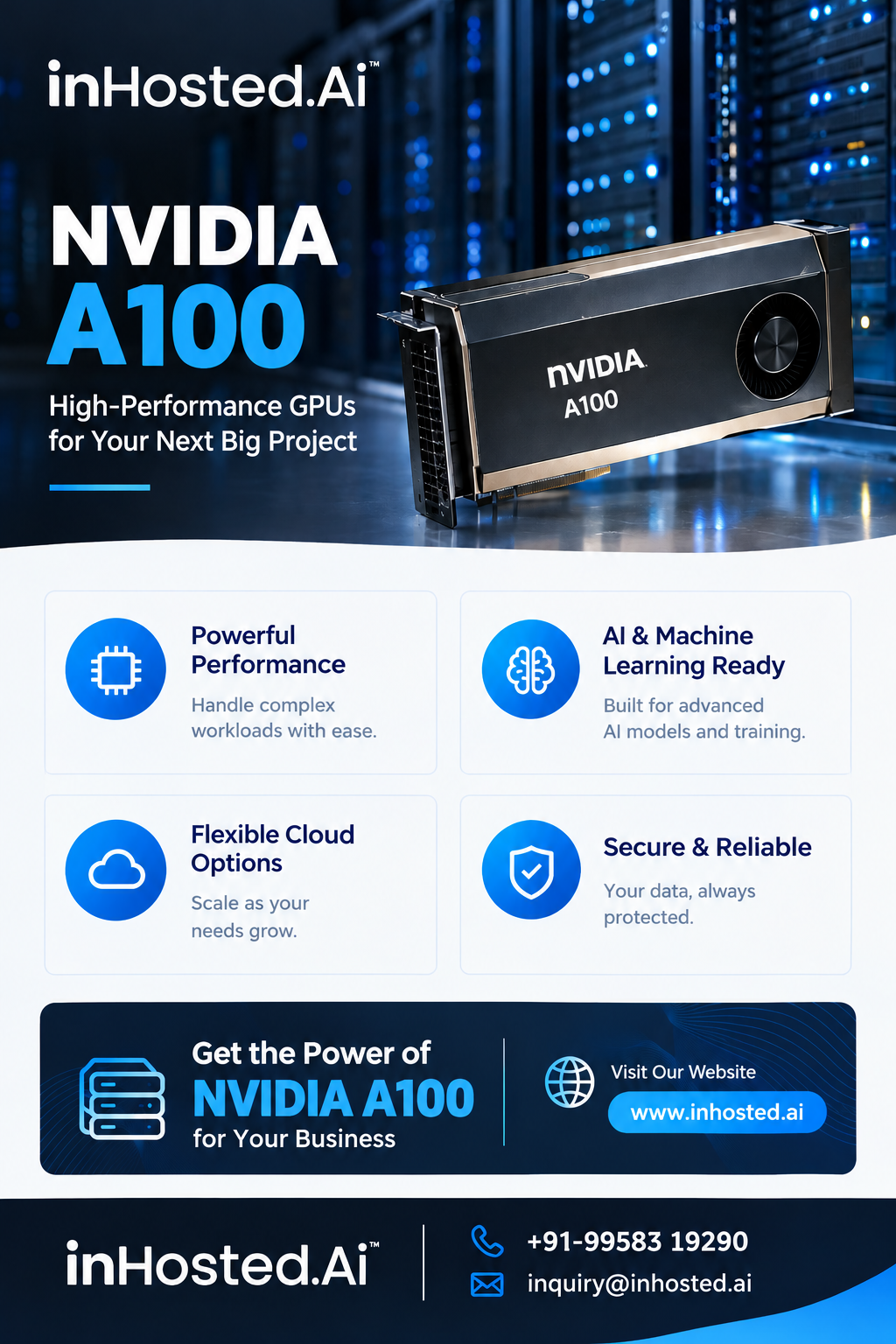 NVIDIA A100 GPU infrastructure supporting artificial intelligence, deep learning, and high-performance computing.