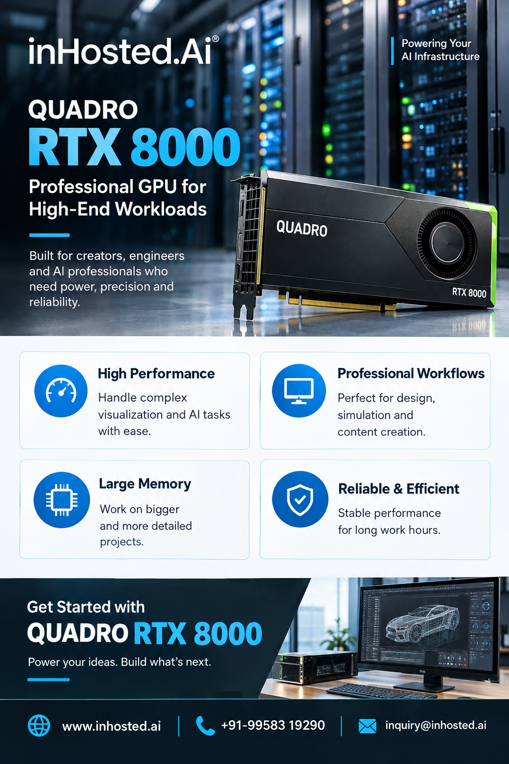 Professional GPU infrastructure for QUADRO RTX 8000 rendering and visualization workloads.