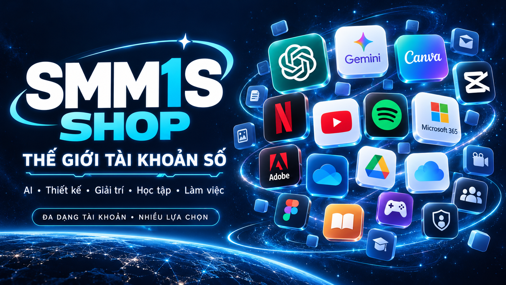SMM1S SHOP — Đa dạng tài khoản AI, thiết kế, giải trí, học tập và làm việc