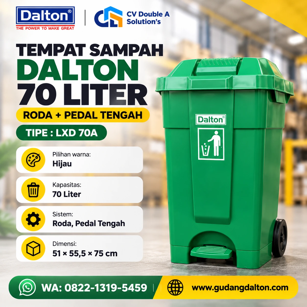Tempat sampah roda pedal tengah 70 liter Dalton LXD 70A