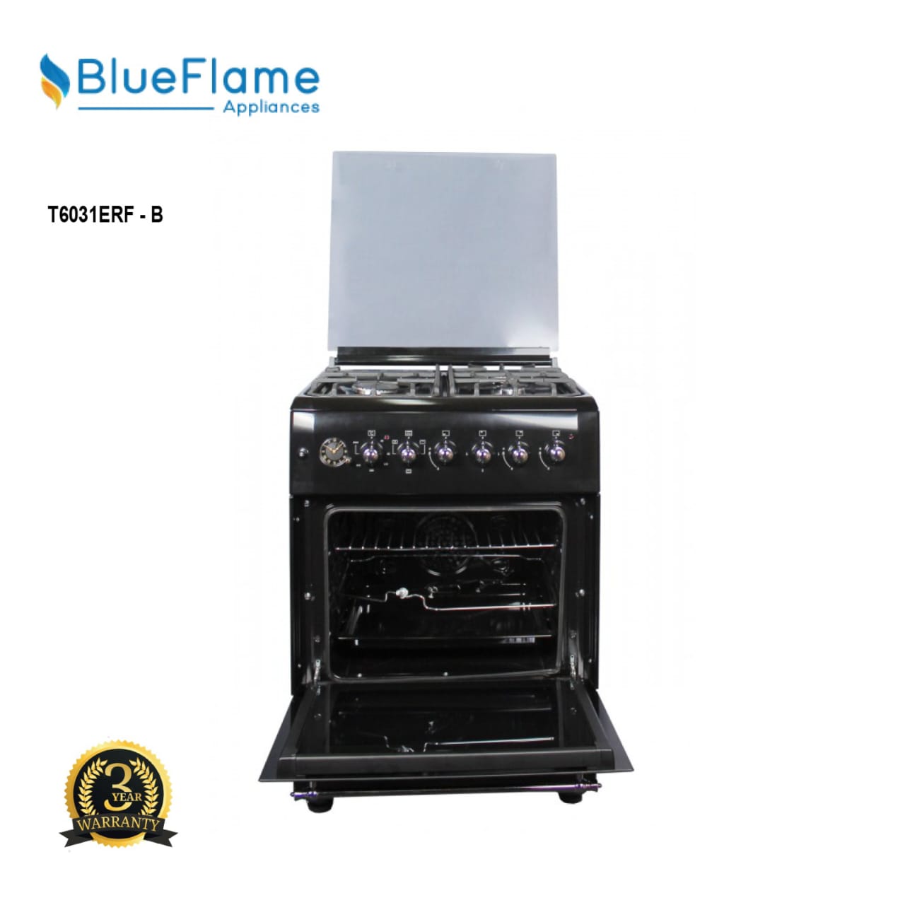 BlueFlame Rustic Cooker 60*60cm 3 Gas Burners 1 Electric Hot Plate- T6031ERF-B