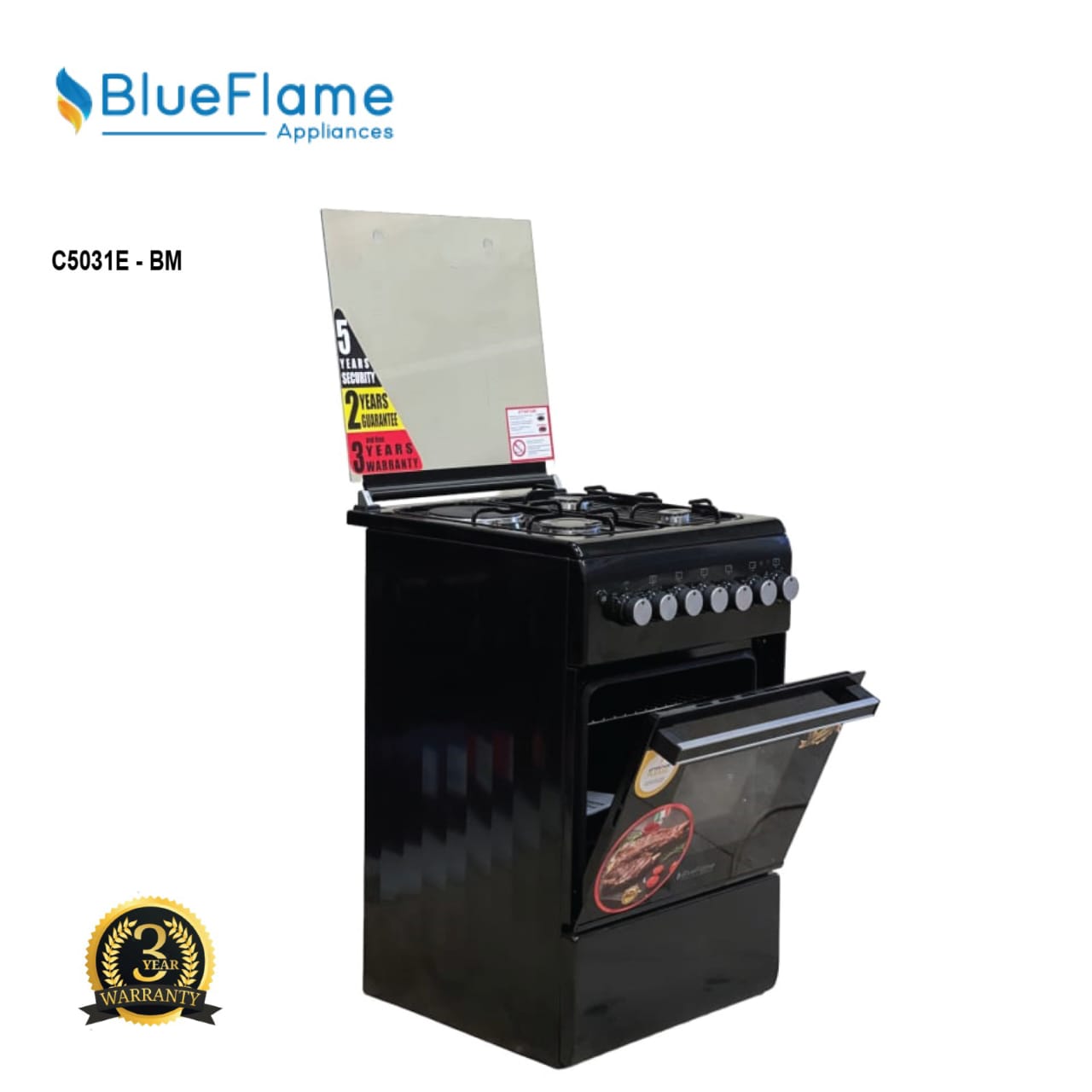 BlueFlame Cooker 50*50 3 Gas Burners and 1 Electric Plate with Electric Oven- C5031E-BM
