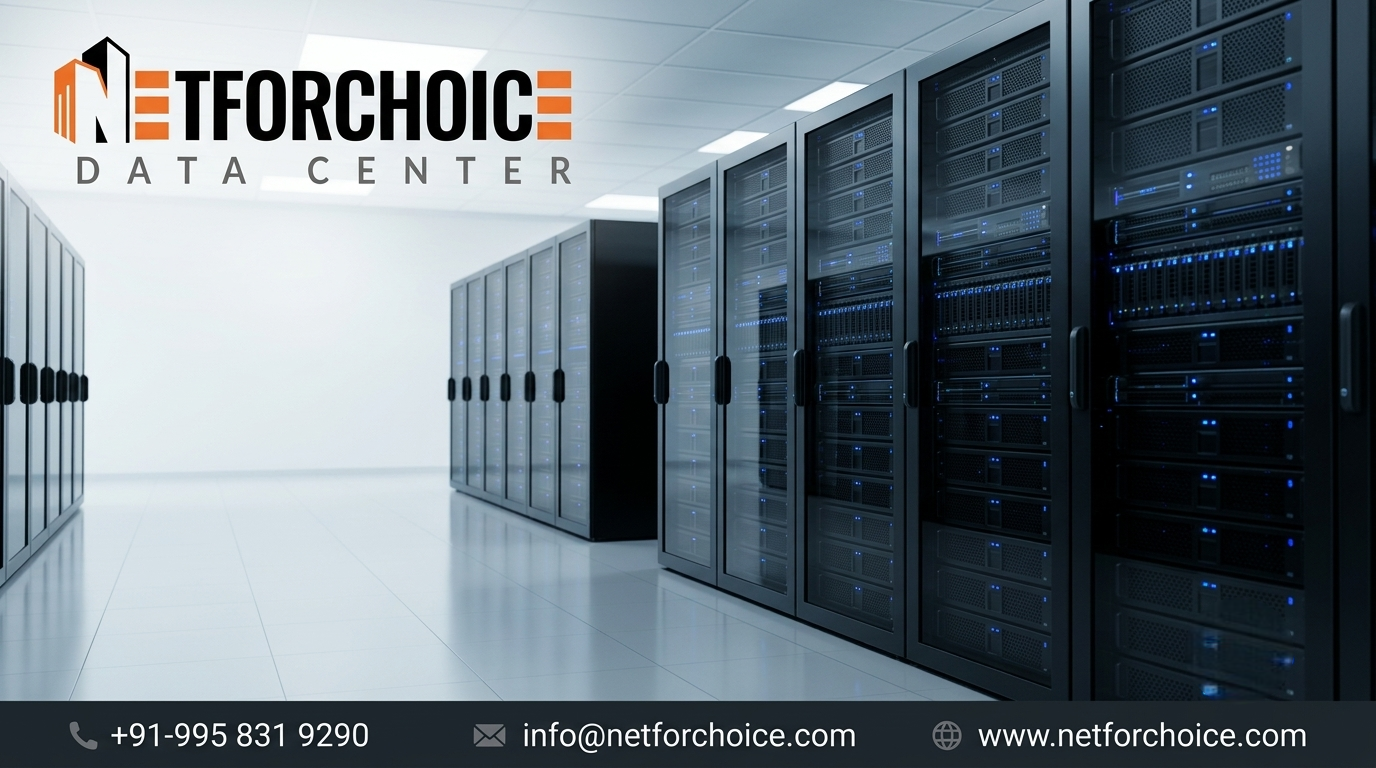 NetForChoice dedicated server hosting in India, featuring enterprise server racks and contact details for reliable business hosting solutions.