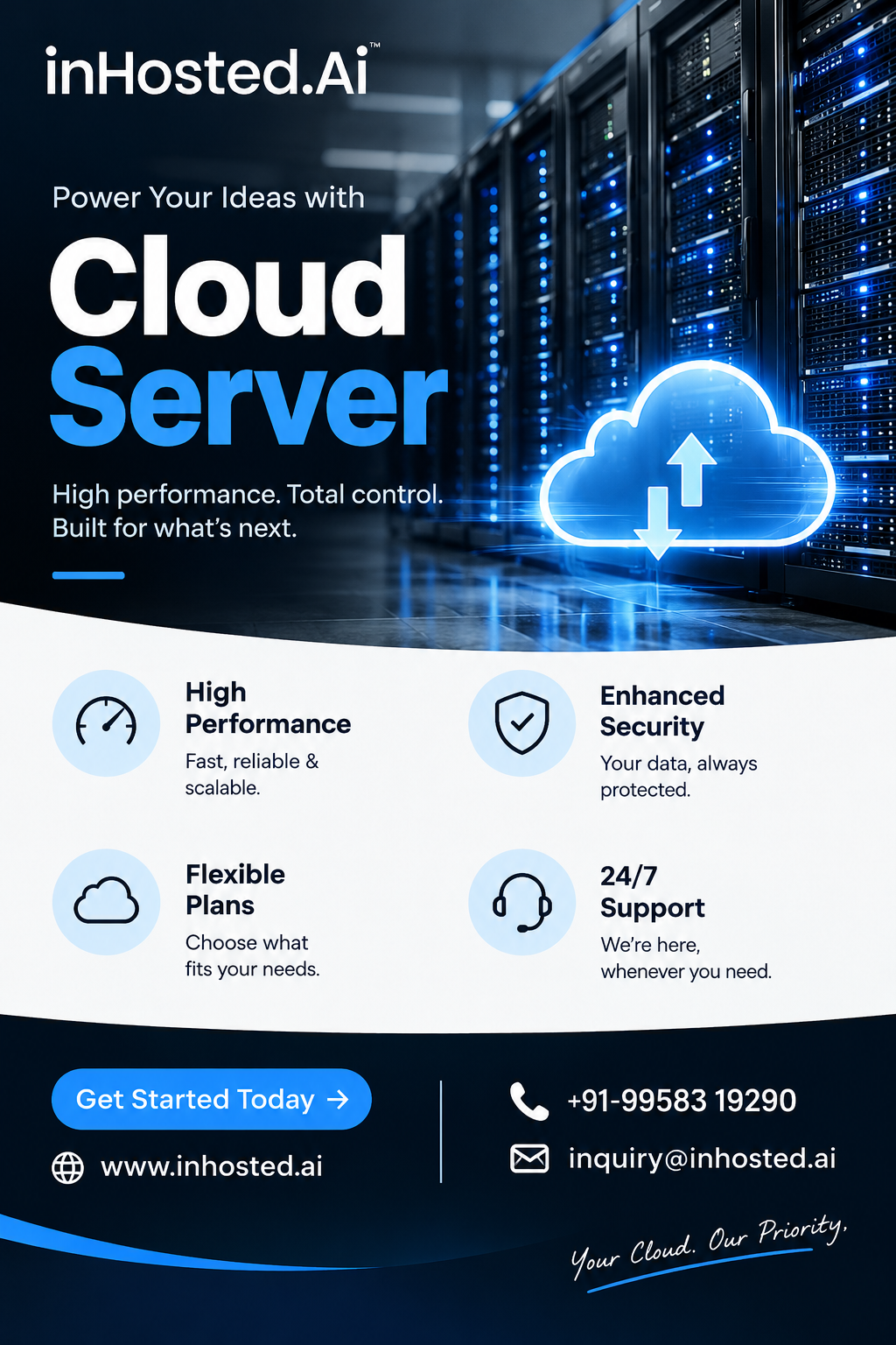 Cloud server infrastructure supporting business applications, scalable computing resources, and digital operations.