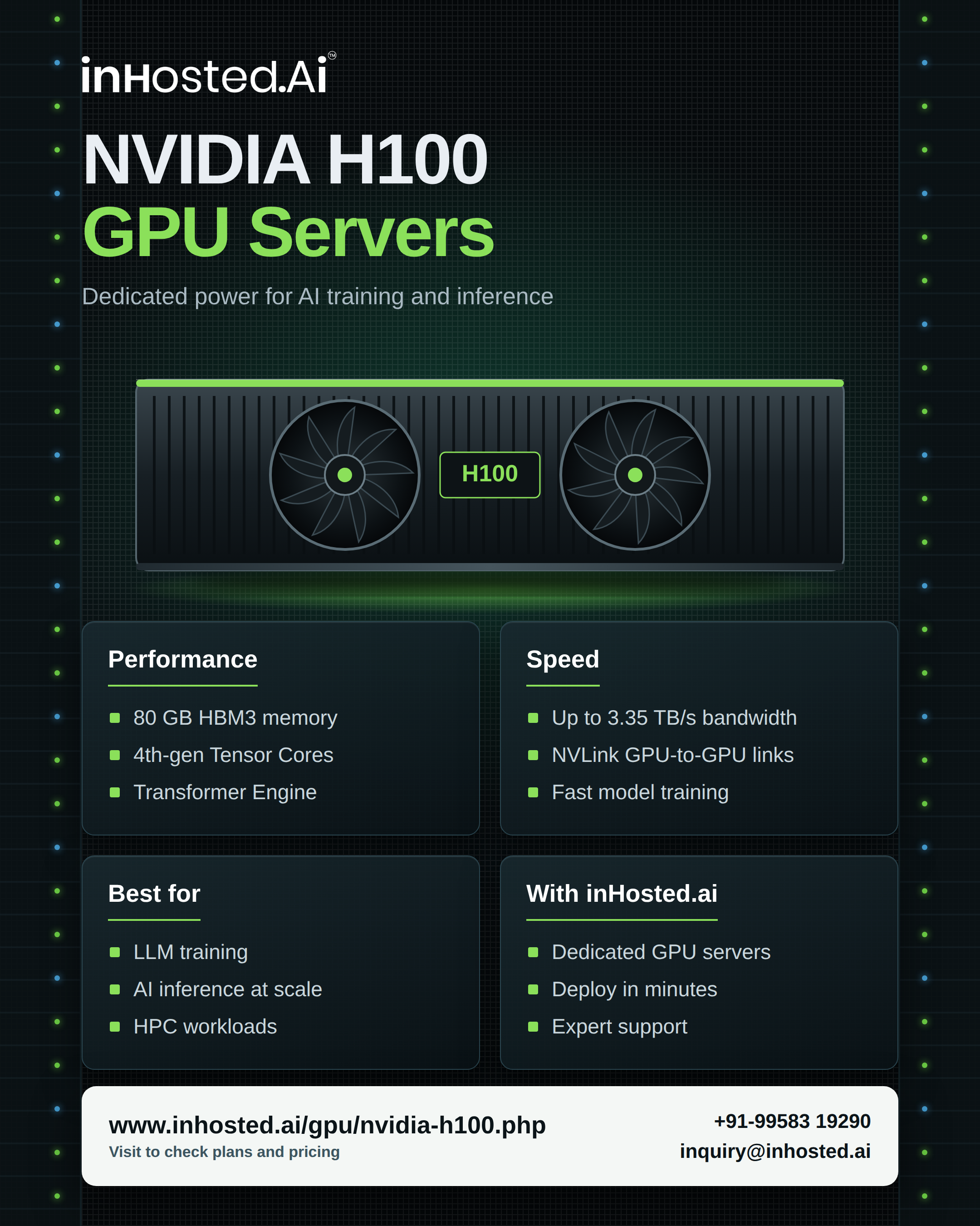 NVIDIA H100 GPU infrastructure for AI training, deep learning, and high-performance computing.