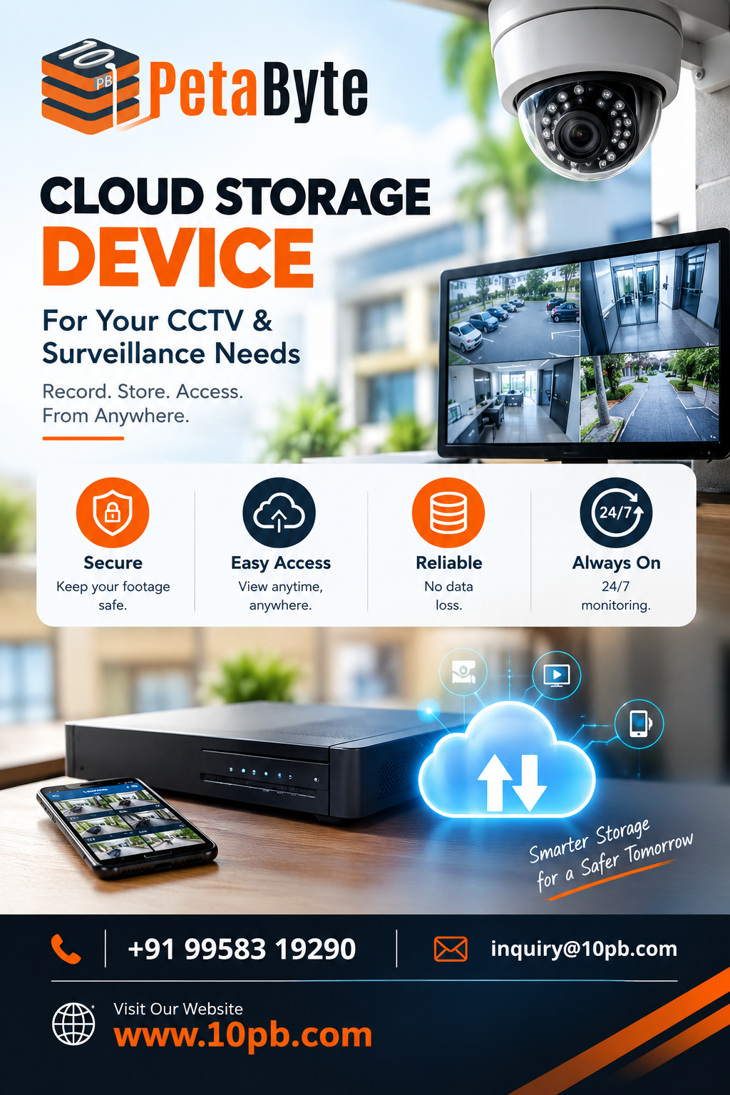 Cloud storage device solution for managing surveillance footage and business security recordings.