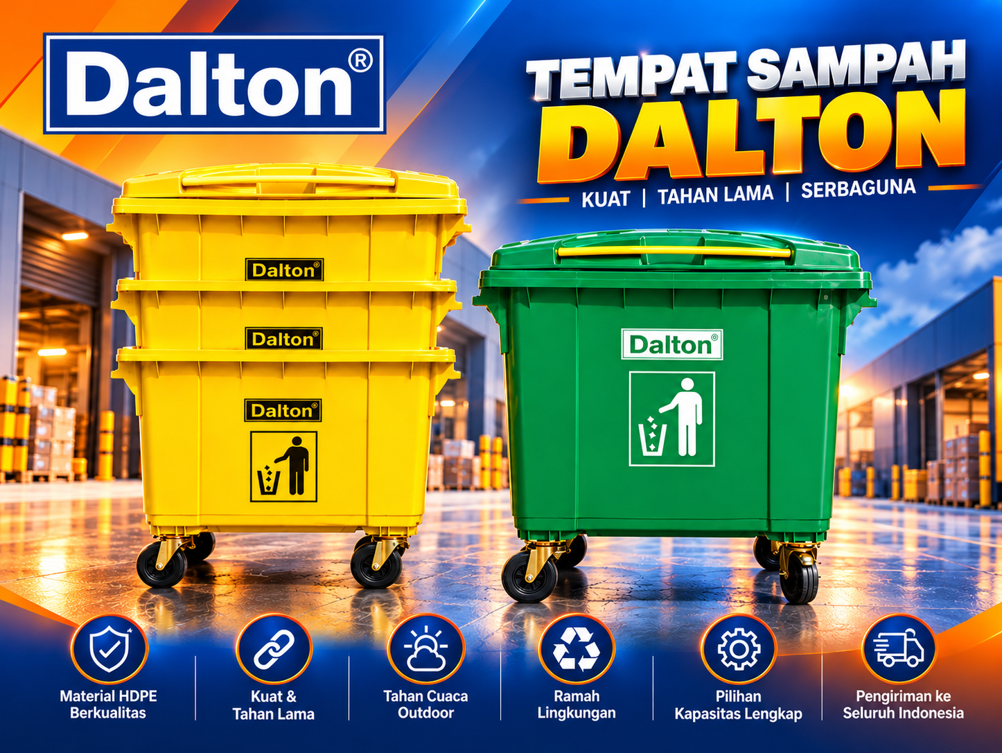 Kontainer sampah HDPE Dalton 1100 liter untuk industri