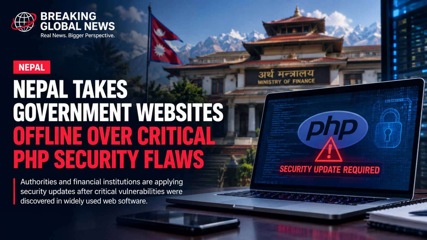 Nepal cybersecurity warning graphic showing government websites and PHP security vulnerabilities.