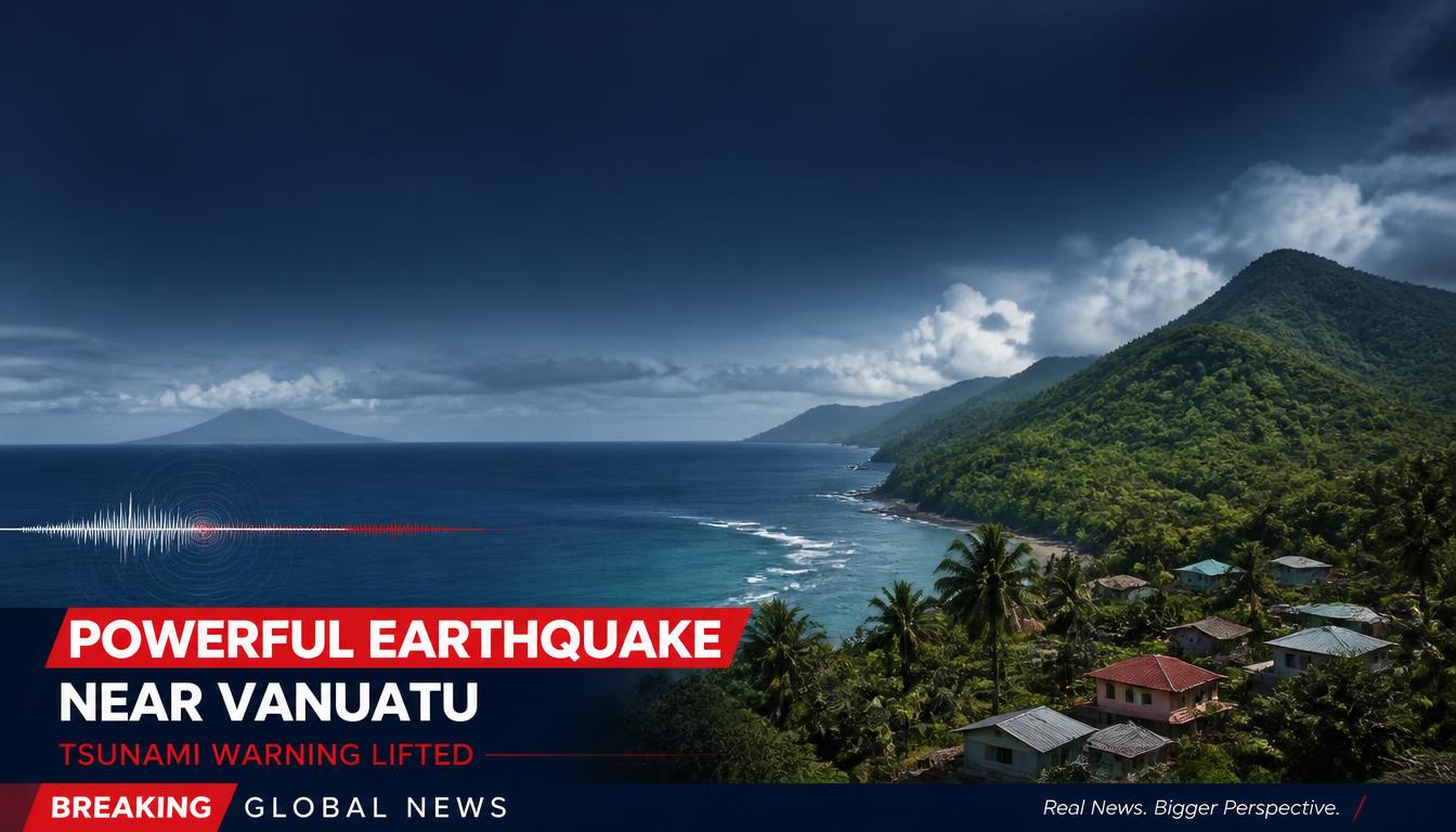News graphic about the offshore earthquake near Vanuatu and the lifting of a temporary tsunami warning.