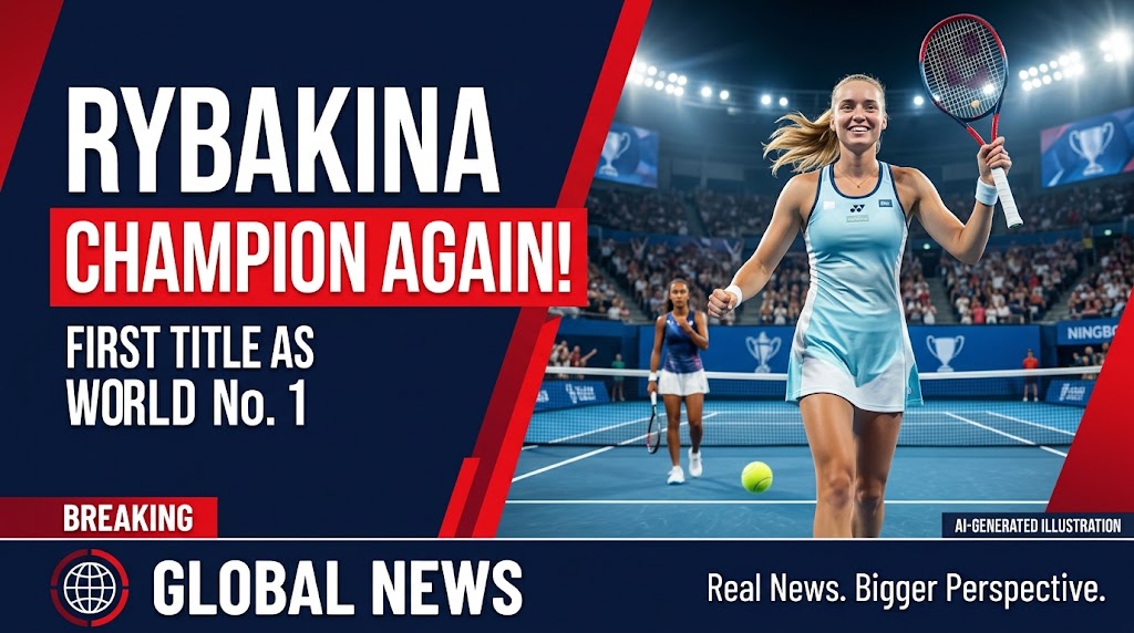 AI-generated editorial illustration of Elena Rybakina celebrating her Ningbo Open tennis championship.