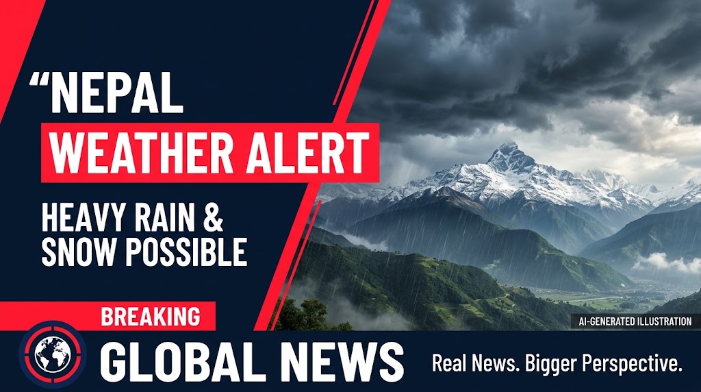 AI-generated illustration of storm clouds and snowfall over Nepal's Himalayan mountains as a Bay of Bengal weather system develops.