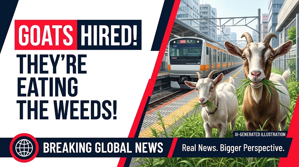 Two goats named Nagi and Pokke eating weeds beside Tokyo’s Yotsuya railway station.