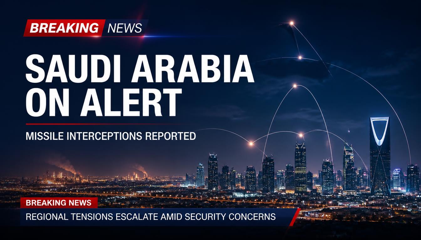 AI-generated illustration of Saudi Arabia’s skyline and oil infrastructure amid reported missile interceptions.