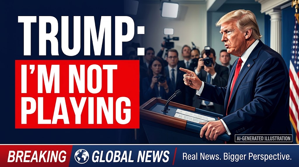 AI-generated editorial illustration of Donald Trump during a tense White House exchange with a reporter.