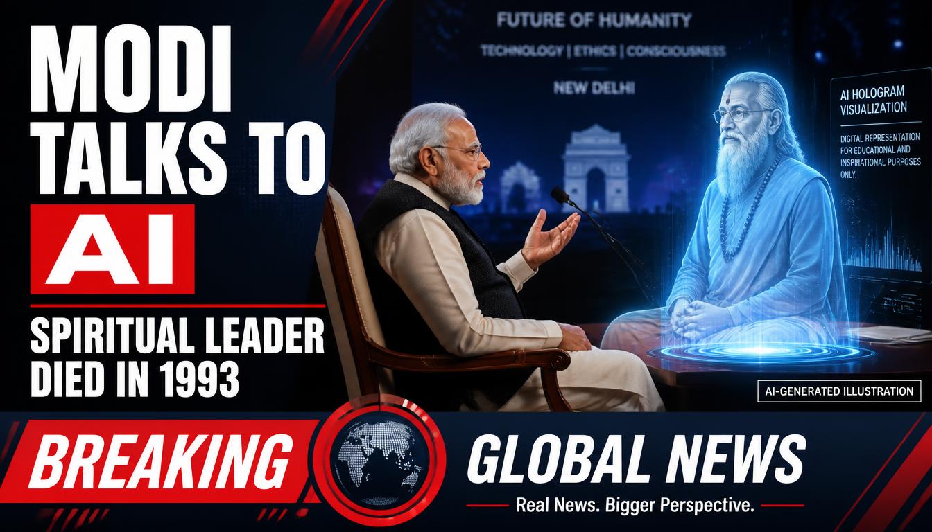 Editorial illustration of Indian Prime Minister Narendra Modi facing a holographic AI representation of Swami Chinmayananda during a formal event.