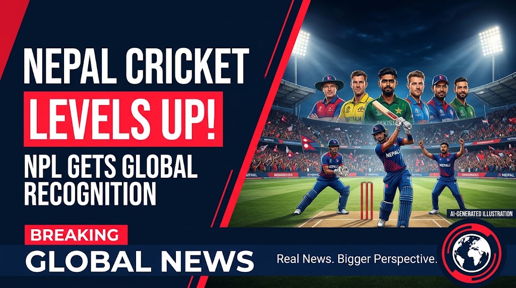 AI-generated illustration of a packed cricket stadium in Nepal celebrating the 2026 Nepal Premier League season.
