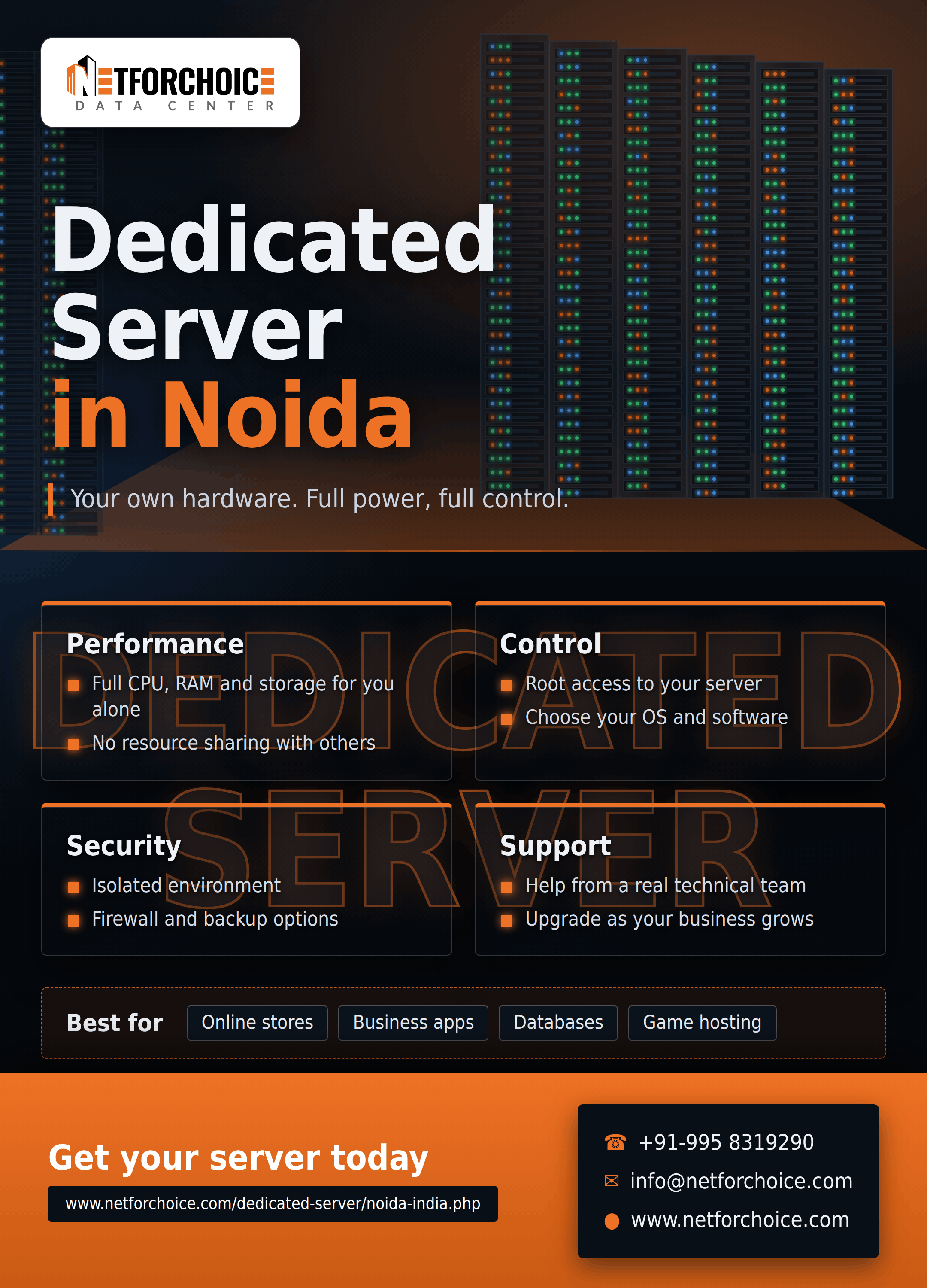 Dedicated server hosting overview showing business applications, server configuration, security, and network connectivity.
